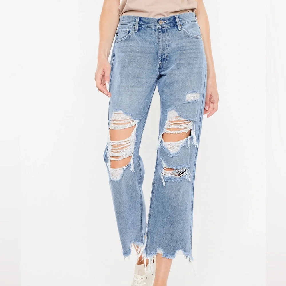 KanCan 100% Cotton Nonstretch Light Wash Ripped Straight Leg Jeans 32 Women’s